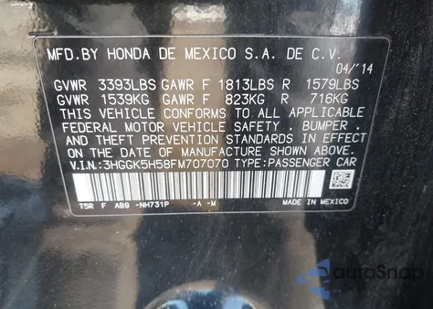 2015 Honda Fit Lx из США, поврежденный, VIN 3HGGK5H58FM707070